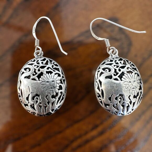 VTG Dangle Earrings Lion Filigree 1.5" Puffy 80s Retro Sterling Silver 8.8g Rare - Picture 1 of 7